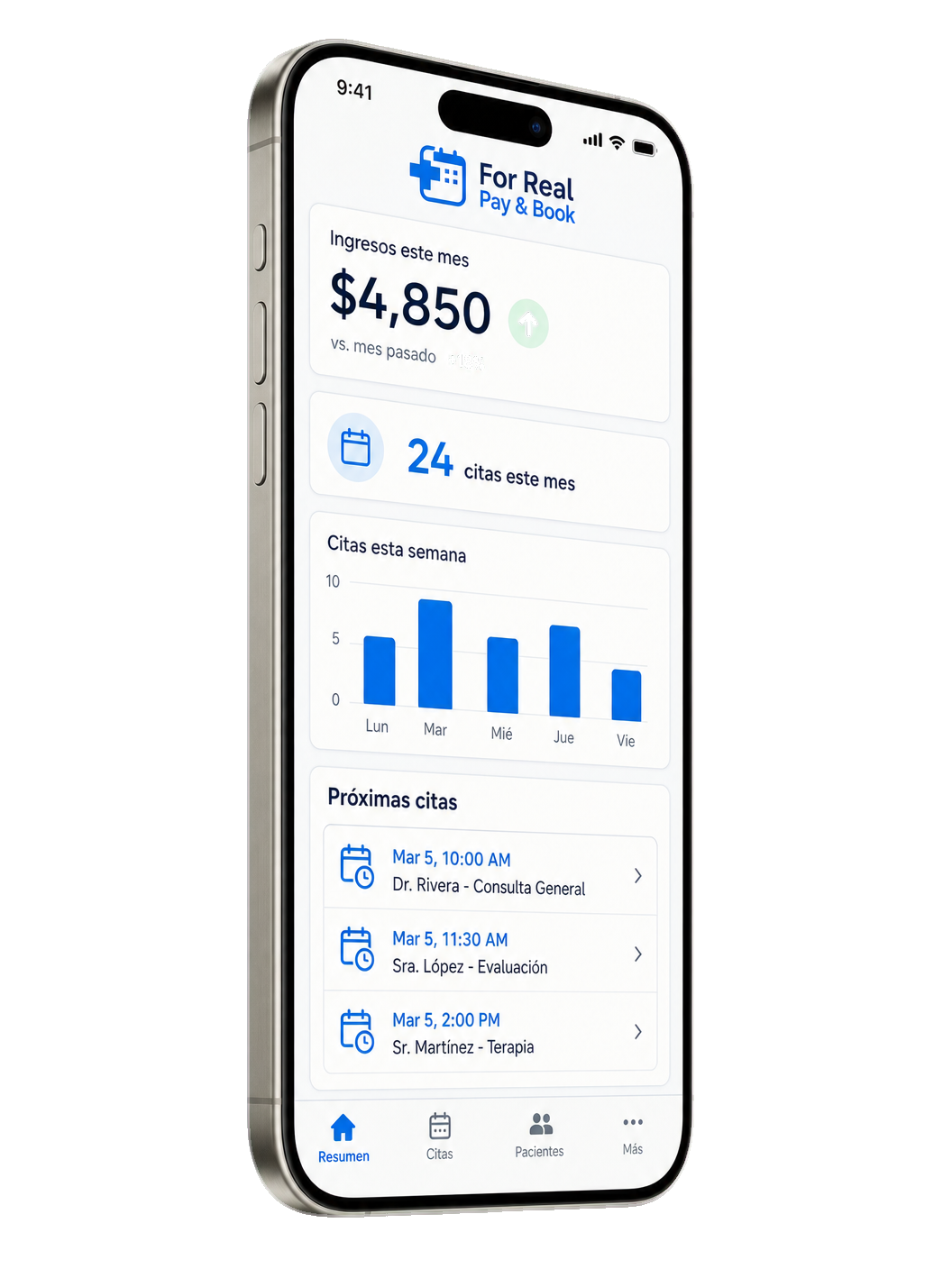 Dashboard de For Real Pay & Book en iPhone